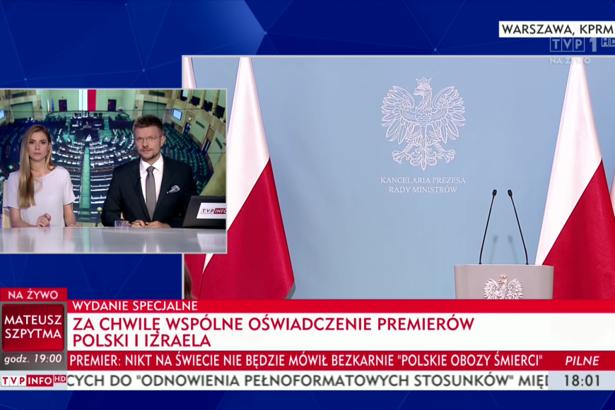 TVP1 nagle zmienia ramówkę i emituje po meczu oświadczenia premierów Polski i Izraela [akt.]