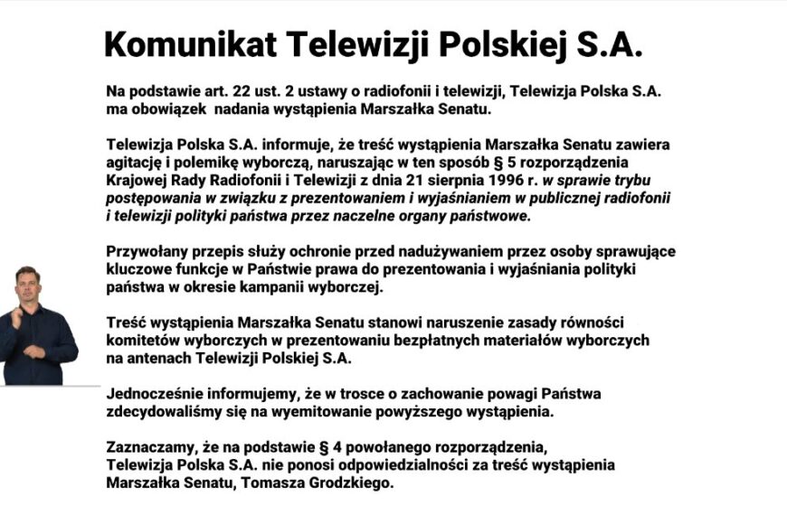 Orędzia przedwyborcze w Telewizji Polskiej. Przed marszałkiem Senatu komunikat TVP